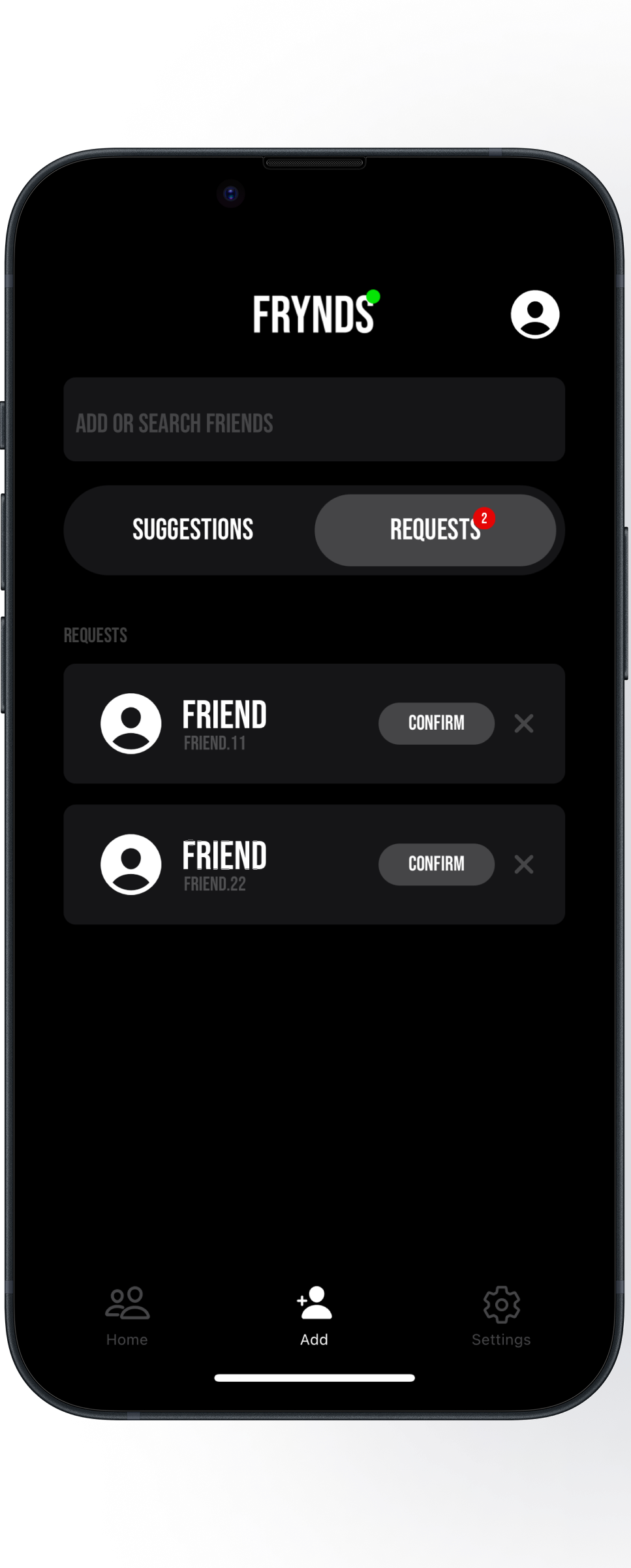 The 'Add Friend' screen in the Frynds app, where users can search for and add new friends to their network.