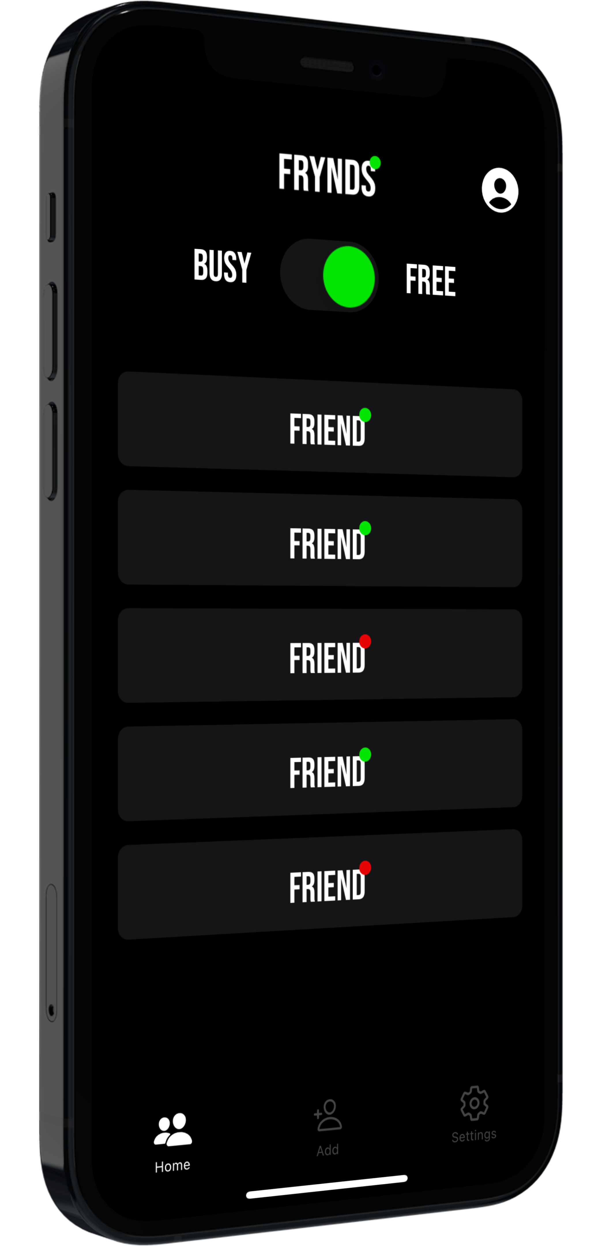A smartphone showing the Frynds app interface. The screen displays a user's profile with their name, photo, and a list of their friends.